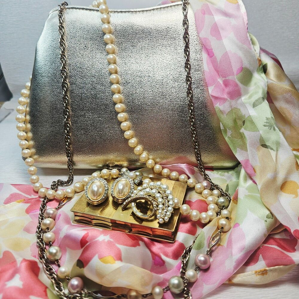Harry Levine Kiss Lock Gold Purse Scarf Mirror Compact Necklaces Brooch Earrings